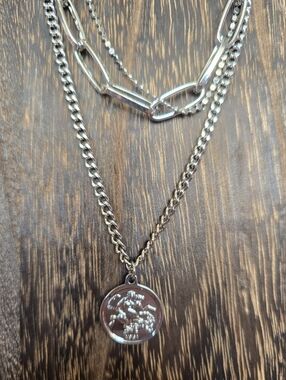 Silver Multi-Layer Chain Necklace with Pendant